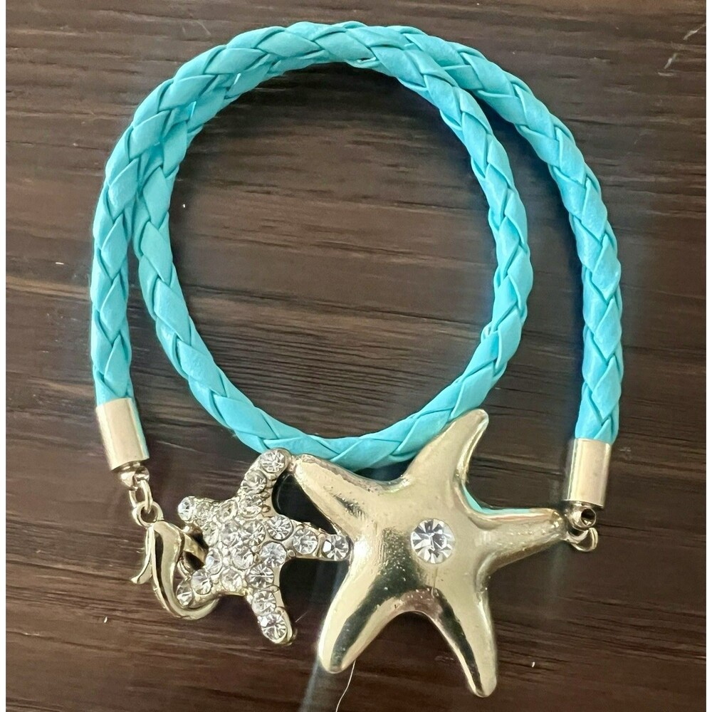 Turquoise Braided Wrap Bracelet Starfish Rhinestone Beach Nautical Sea Life
